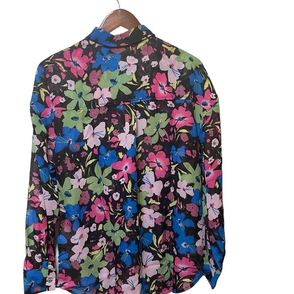Bar III Chiffon Blue Pink Yellow Floral Button Up Work Casual Blouse sz M NWT - Picture 9 of 10